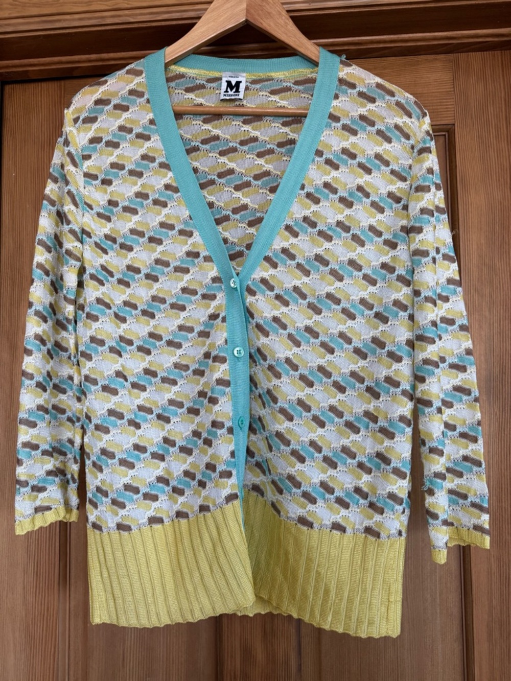 Missoni Light Blue, Yellow & Brown Openwork Knit Cardigan